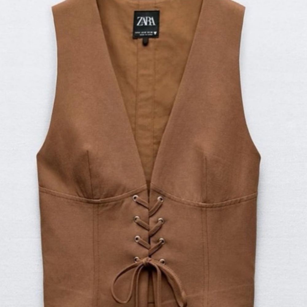 Zara Brown Lace-Up Top, Large- NWOT